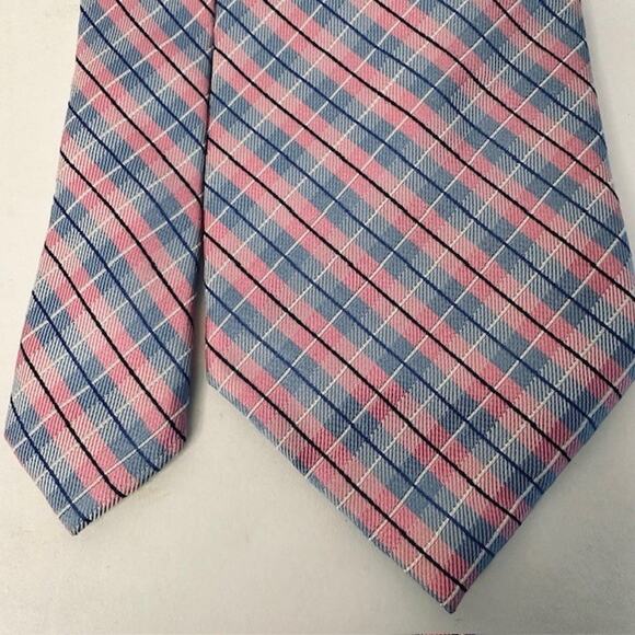 NAUTICA Men's 100% Silk Classic Necktie Designer Plaid/Check Pink/Blue EUC - Picture 8 of 10